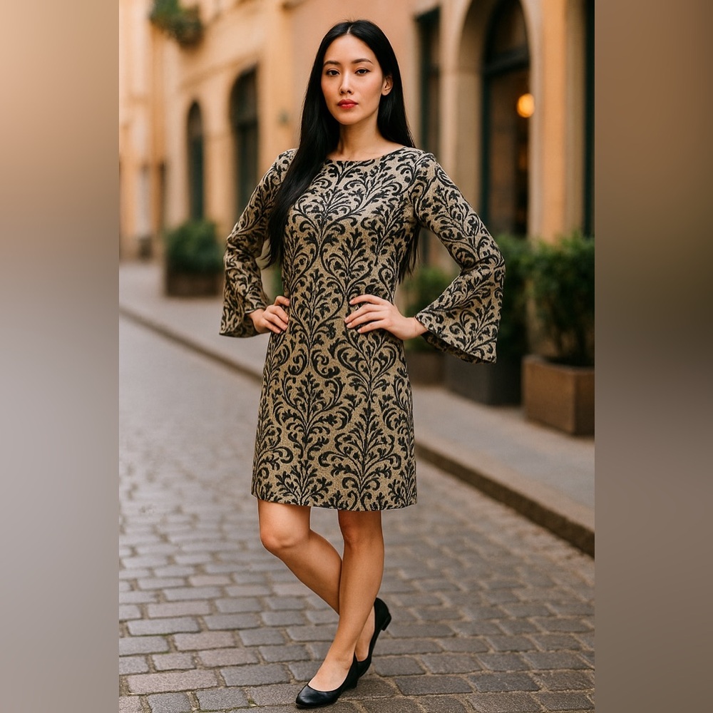 Eci Whimsical Witchy Gold Velvet Burnout‎ Dress Sultry Flare Sleeve Dark Boho L